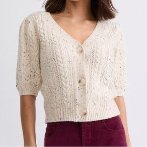Loft Cream Cable Knit Puffy Sleeve Sweater